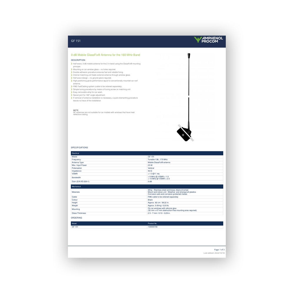 Amphenol Procom GF 151 Produktblad