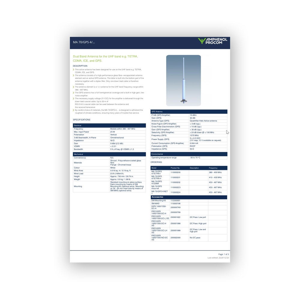 Amphenol Procom MA 70/GPS 4/... Produktblad